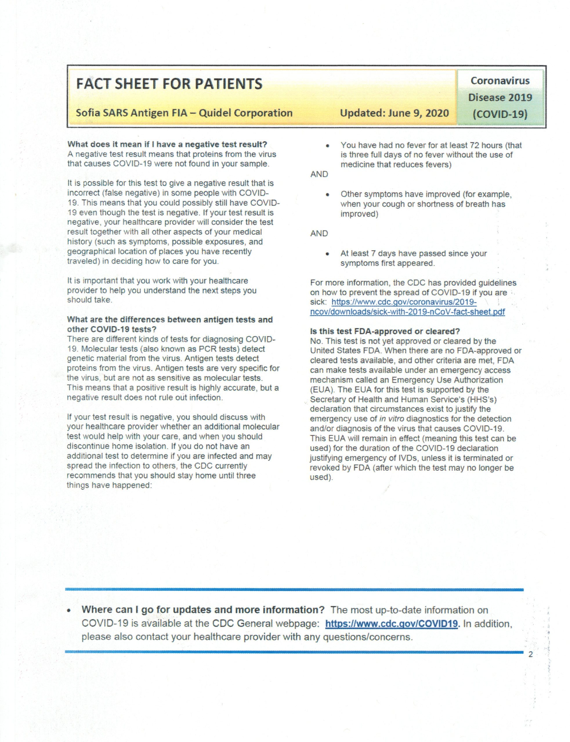 Rapid Covid Test Fact Sheet - Urgent Care Clinic of Oxford